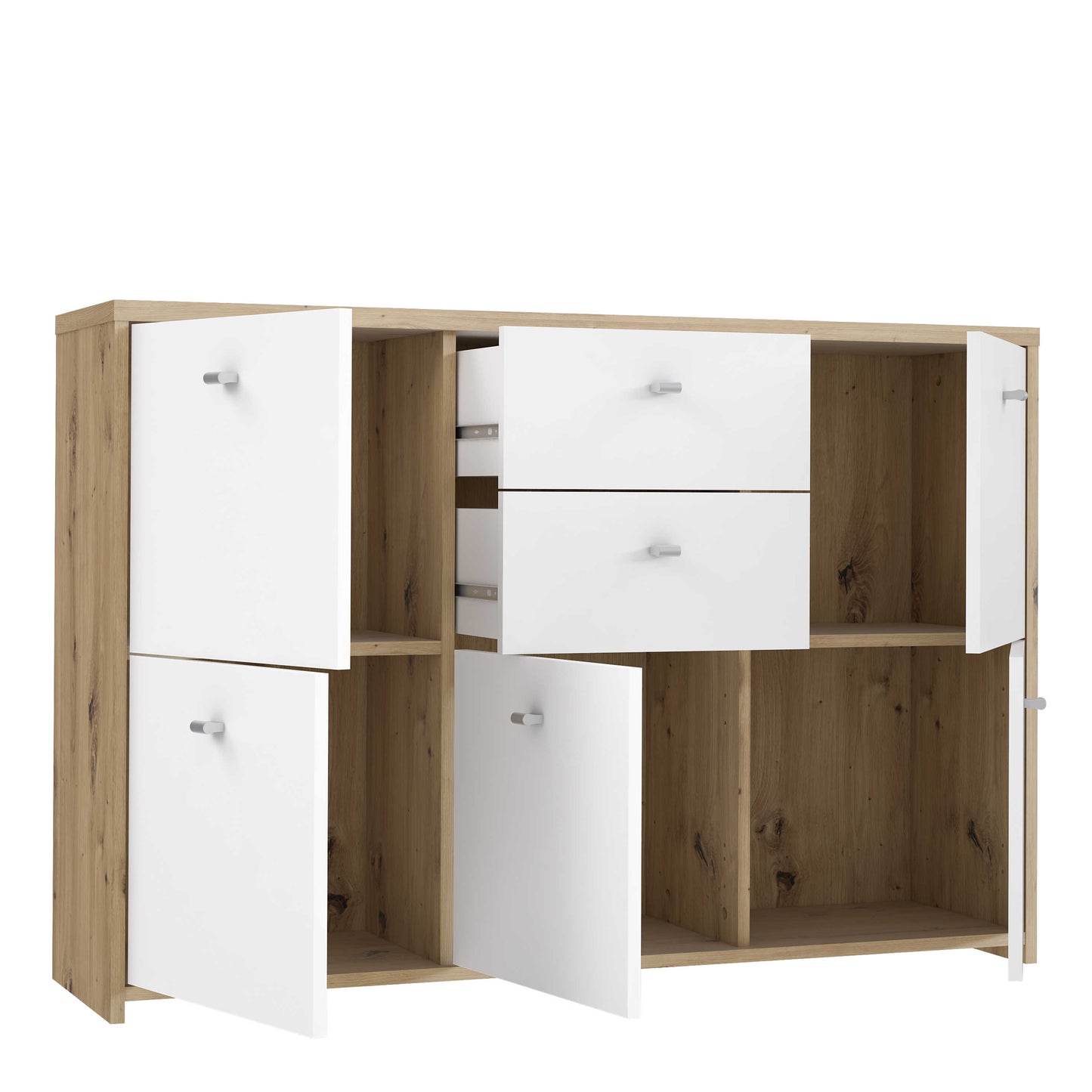 Willowmere White and Artisan Oak Wood Chest Storage Cabinet 2 Drawers 5 Doors