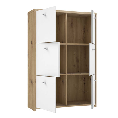 Willowmere White and Artisan Oak Wood Chest Storage Cabinet 6 Doors