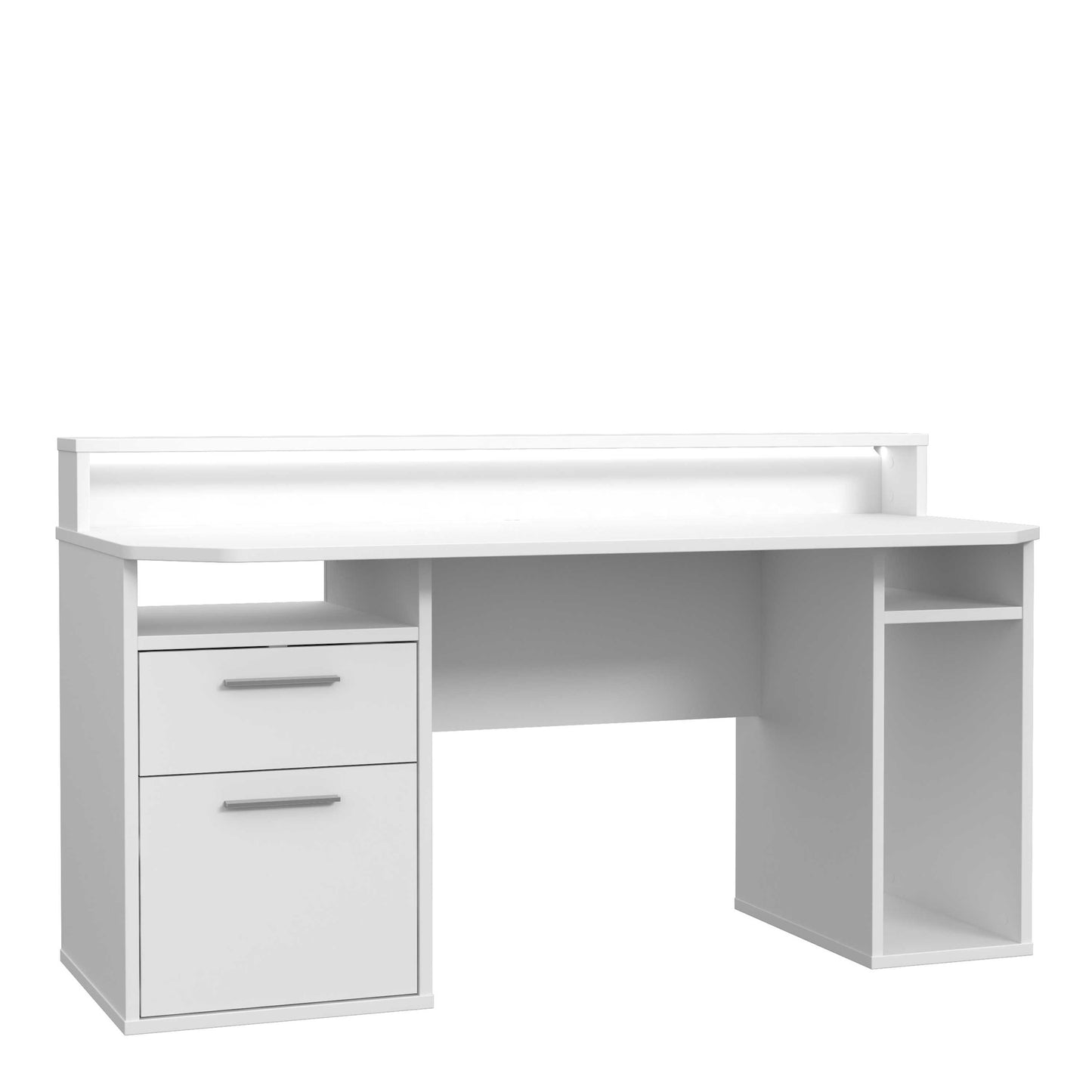 Valencia White Gaming Desk with LED Strip Lighting and Storage Features