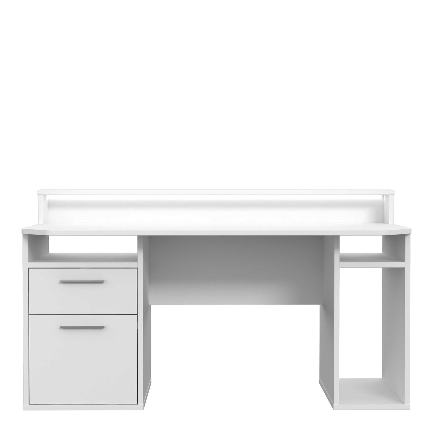 Valencia White Gaming Desk with LED Strip Lighting and Storage Features