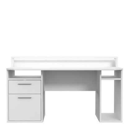 Valencia White Gaming Desk with LED Strip Lighting and Storage Features