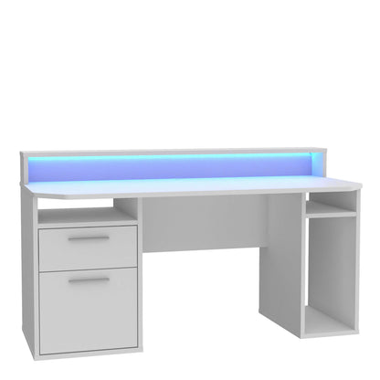 Valencia White Gaming Desk with LED Strip Lighting and Storage Features