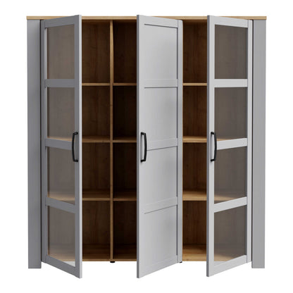 Bramblecroft Grey and Natural Oak Wood Large Display Cabinet 3 Door