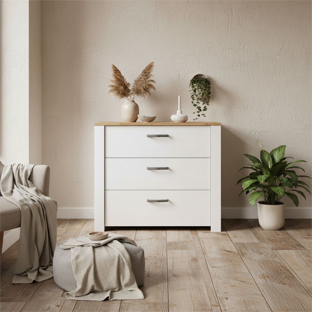 Kyoto White and Natural Oak Wood 3 Drawer Storage Chest