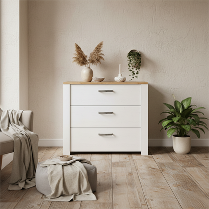 Kyoto White and Natural Oak Wood 3 Drawer Storage Chest