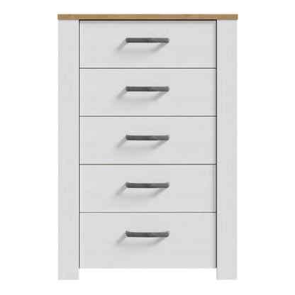 Kyoto White and Natural Oak Wood 5 Drawer Narrow Storage Chest