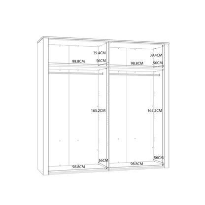 Geneva White Oak 4 Door Wardrobe with Mirrors Hanging Rails and Shelves