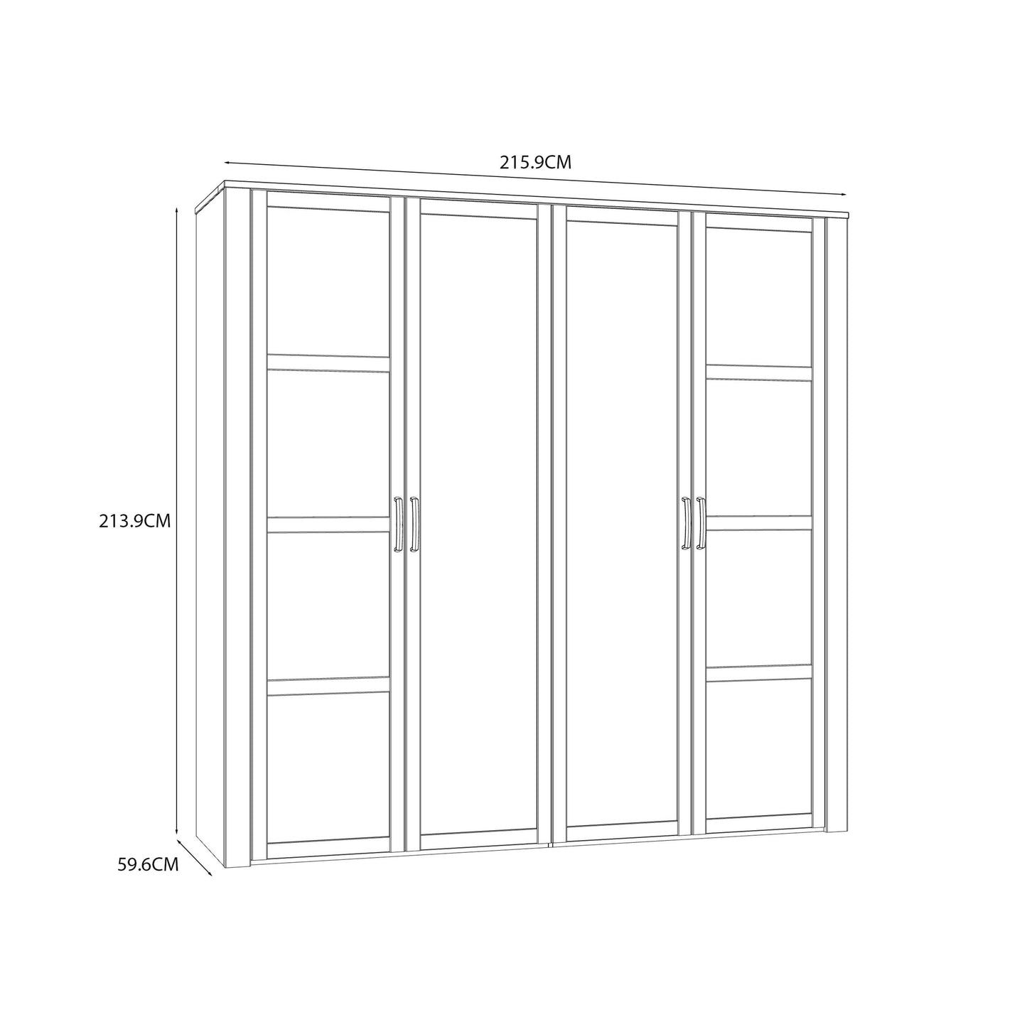 Geneva White Oak 4 Door Wardrobe with Mirrors Hanging Rails and Shelves