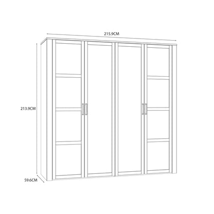 Geneva White Oak 4 Door Wardrobe with Mirrors Hanging Rails and Shelves
