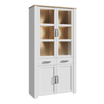 Southampton White and Natural Oak Effect Display Cabinet with LED Lighting 4 Door 2 Drawer