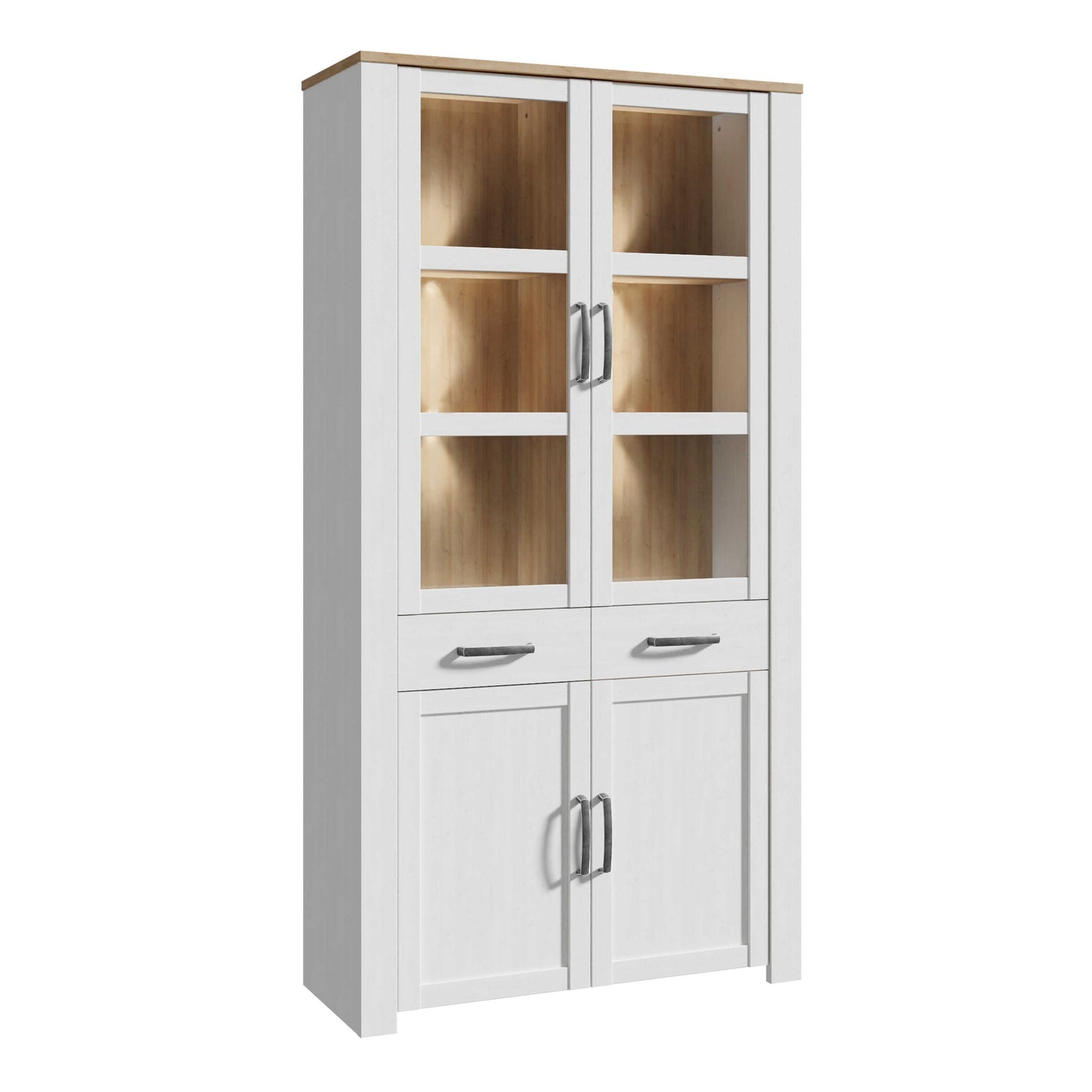 Klampenborg White and Natural Oak Effect Display Cabinet 4 Door 2 Drawer