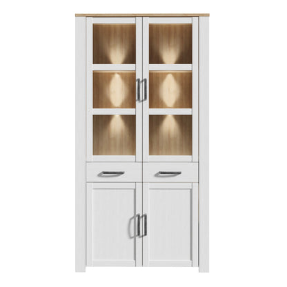 Southampton White and Natural Oak Effect Display Cabinet with LED Lighting 4 Door 2 Drawer