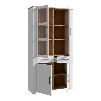 Southampton White and Natural Oak Effect Display Cabinet with LED Lighting 4 Door 2 Drawer