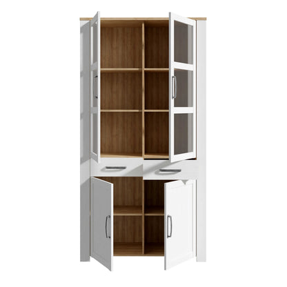 Southampton White and Natural Oak Effect Display Cabinet with LED Lighting 4 Door 2 Drawer