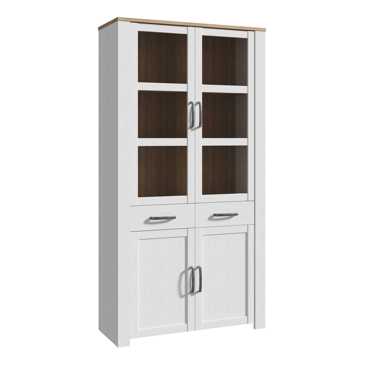 Klampenborg White and Natural Oak Effect Display Cabinet 4 Door 2 Drawer