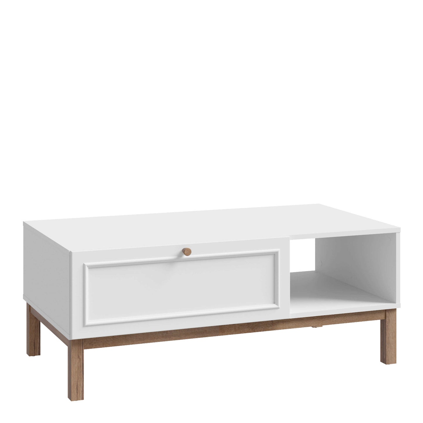 Pebblewick White 1 Drawer Coffee Table Oak Wood Legs