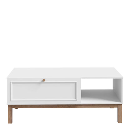 Pebblewick White 1 Drawer Coffee Table Oak Wood Legs
