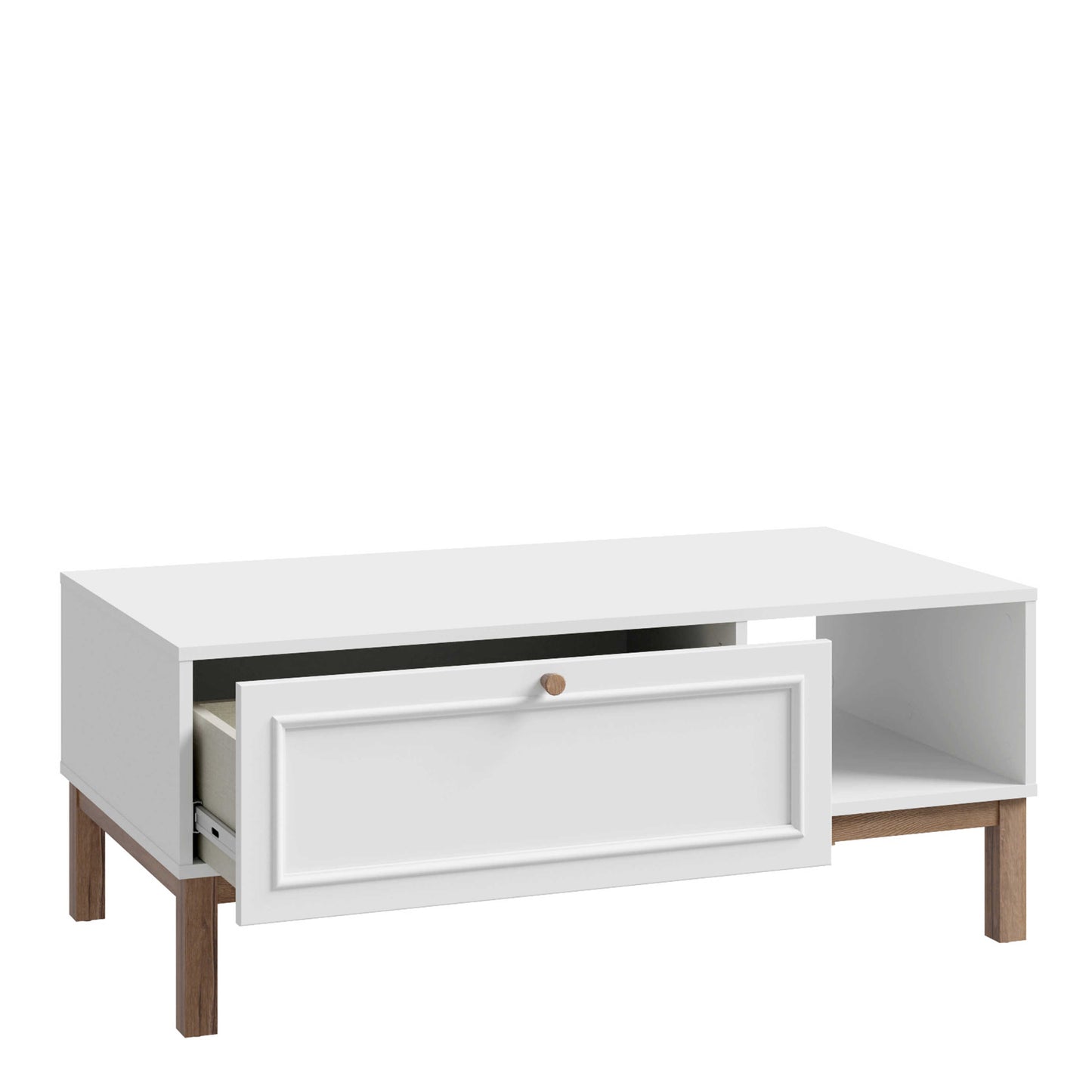 Pebblewick White 1 Drawer Coffee Table Oak Wood Legs