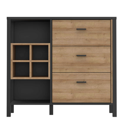 Yokohama Black and Natural Oak Wood 3 Drawer Display Chest Bar Cabinet