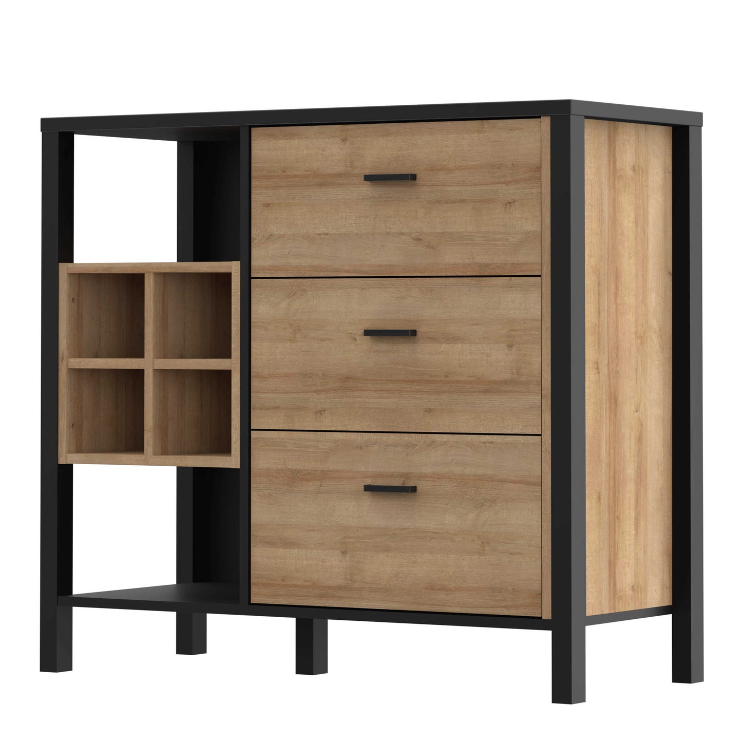 Yokohama Black and Natural Oak Wood 3 Drawer Display Chest Bar Cabinet