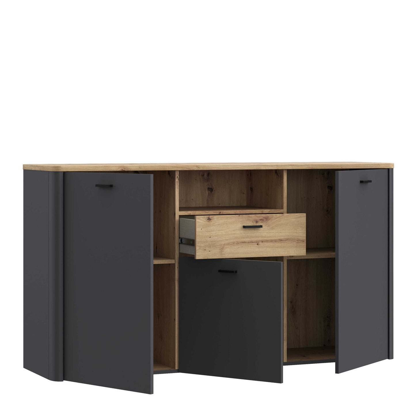 Seville Grey and Natural Oak Wood 3 Door 1 Drawer Sideboard