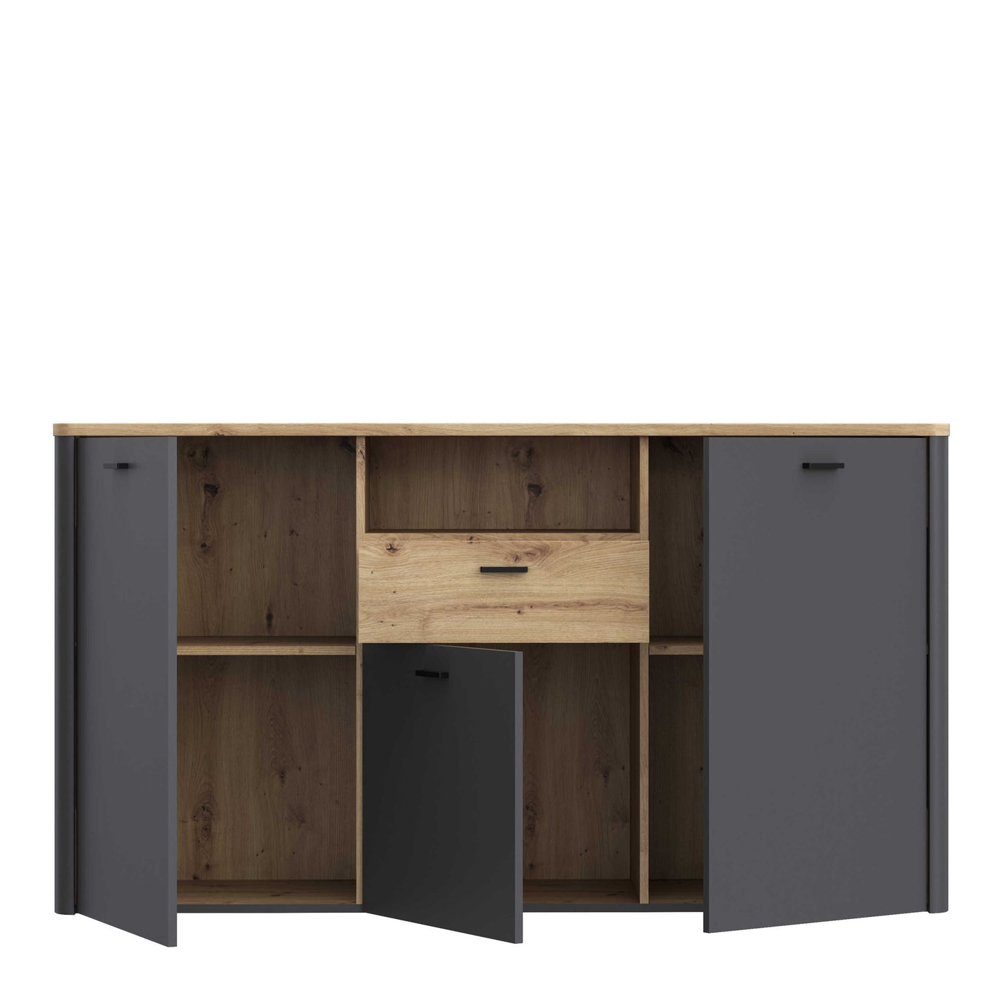 Seville Grey and Natural Oak Wood 3 Door 1 Drawer Sideboard