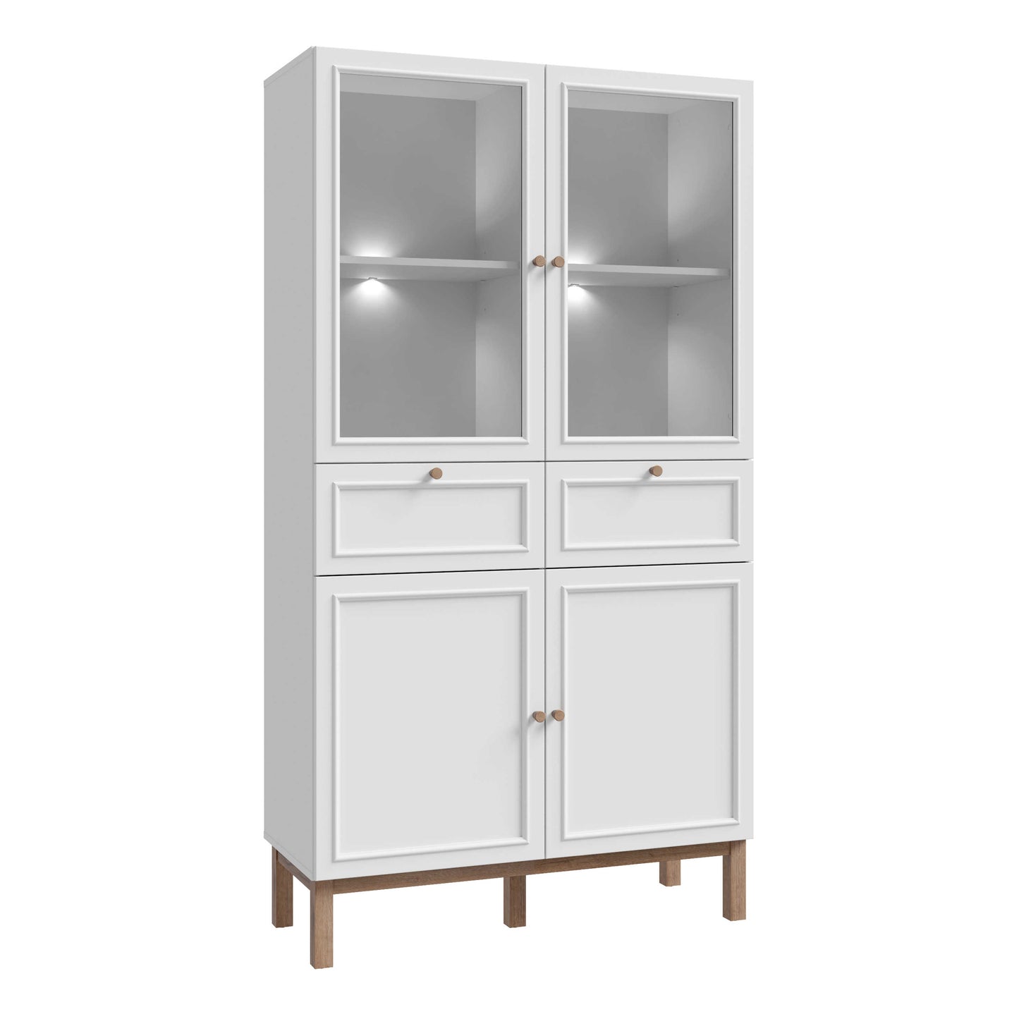 Niva Light Grey and Natural Oak Effect Display Cabinet with LED Lighting 4 Doors 2 Drawers
