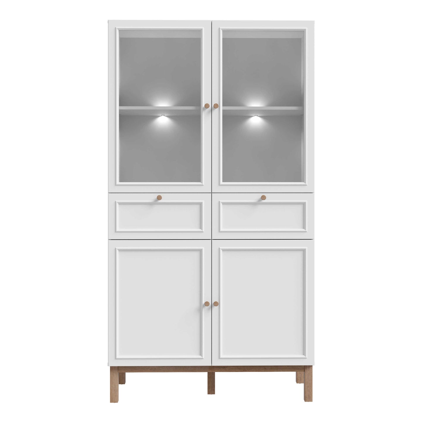 Niva Light Grey and Natural Oak Effect Display Cabinet with LED Lighting 4 Doors 2 Drawers