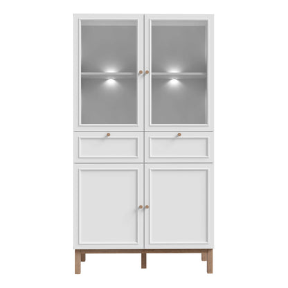 Niva Light Grey and Natural Oak Effect Display Cabinet with LED Lighting 4 Doors 2 Drawers