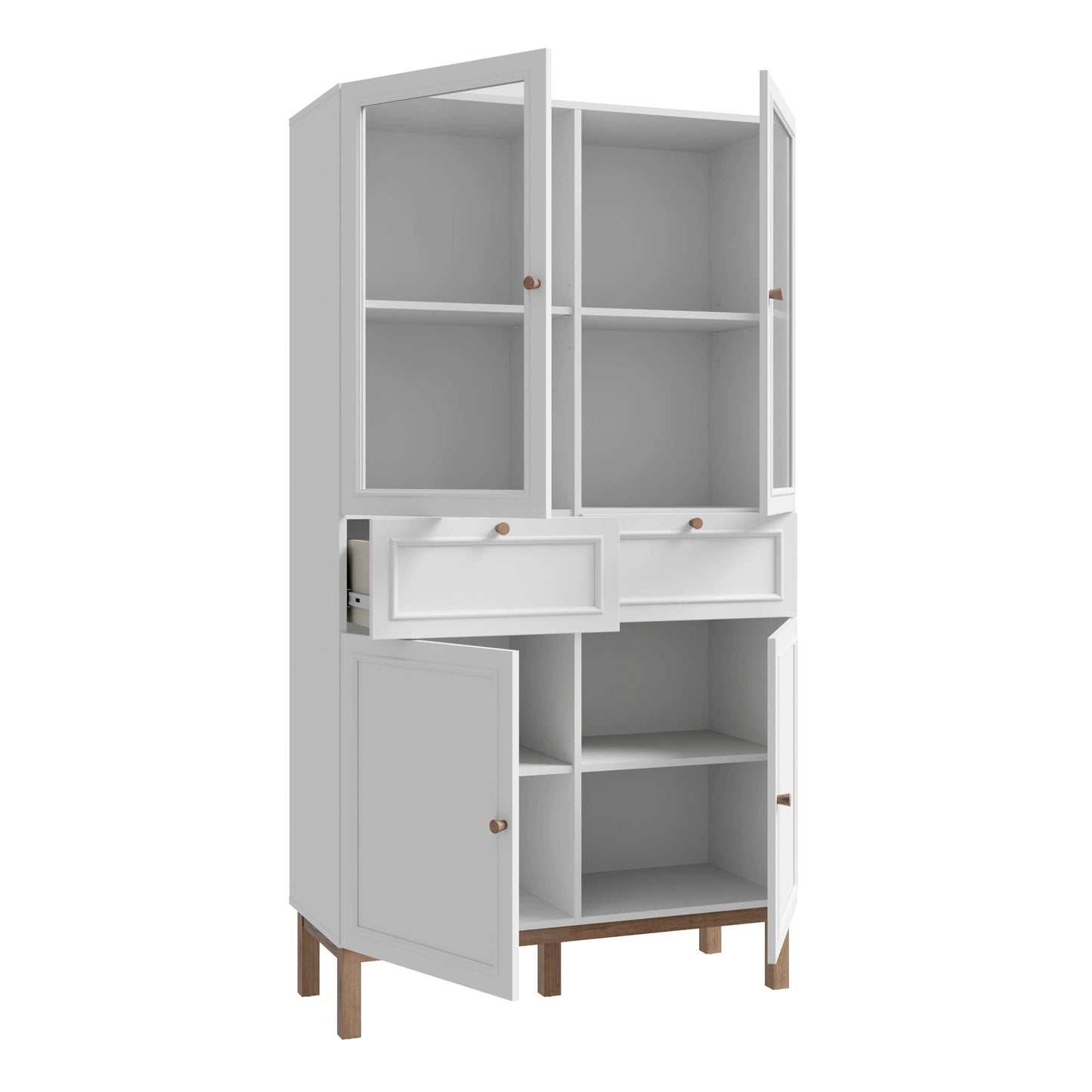 Niva Light Grey and Natural Oak Effect Display Cabinet with LED Lighting 4 Doors 2 Drawers