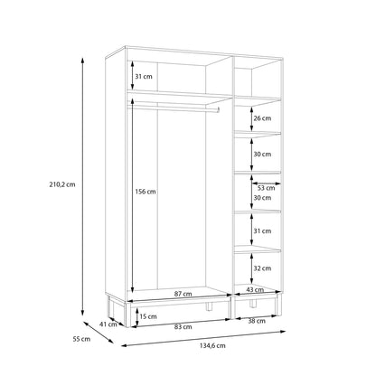 Basel Light Grey and Oak 3 Door Wardrobe with Shelves Drawer and Hanging Rail