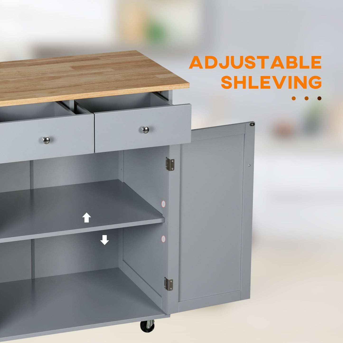 Mobani Natural Top Grey Wood Rolling Kitchen Island With Drawers Towel Rack And Hooks