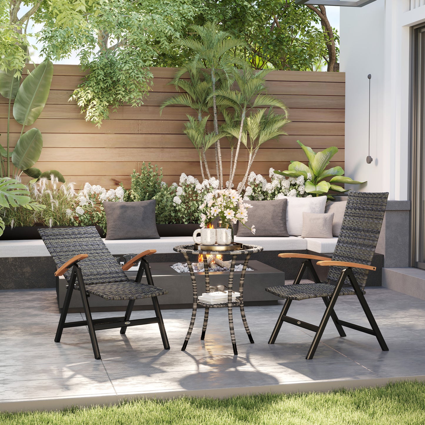Paripa Rattan Mixed Grey Folding Garden Dining Chairs Set Of 2 With Adjustable High Back And Wood Armrests