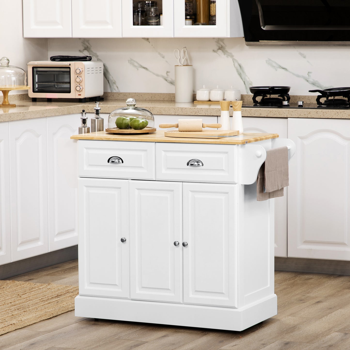 Nirael Wooden White Rolling Kitchen Island With Rubberwood Top Drawer And Storage