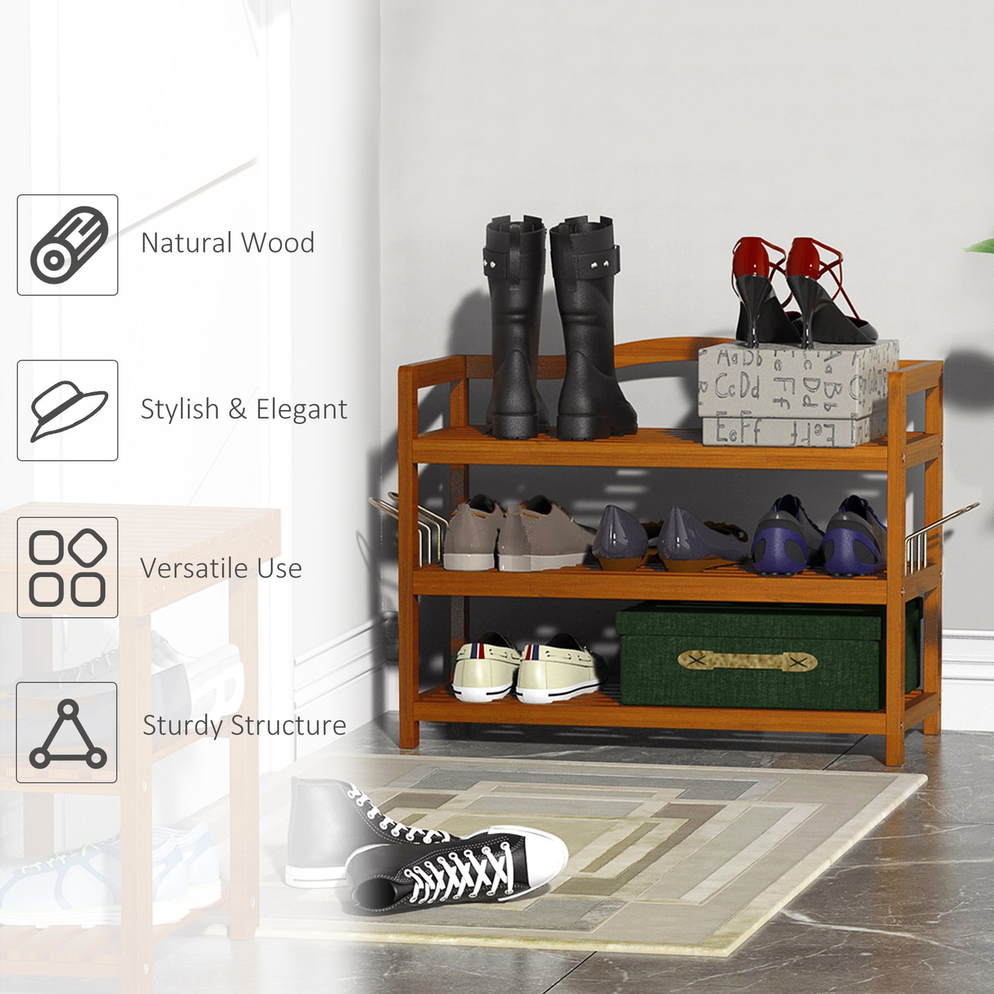 Lisesa Acacia Wood Teak 3 Tier Shoe Rack With Hangers For Up To 12 Pairs
