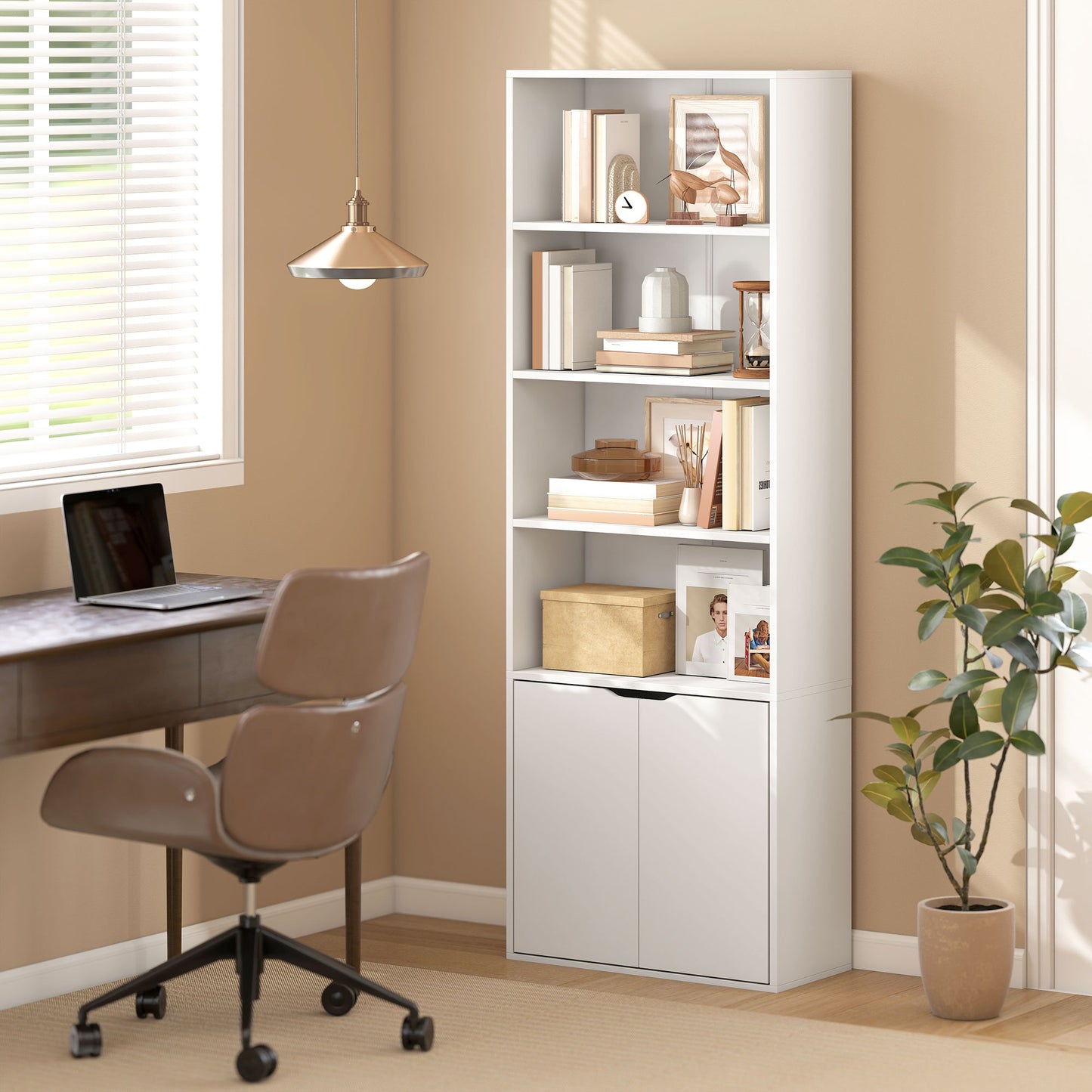 Zimo Rado Wood White 6 Tier Tall Bookcase With OFauxn Shelves And Double Door Storage 59 x 29 x 180 cm