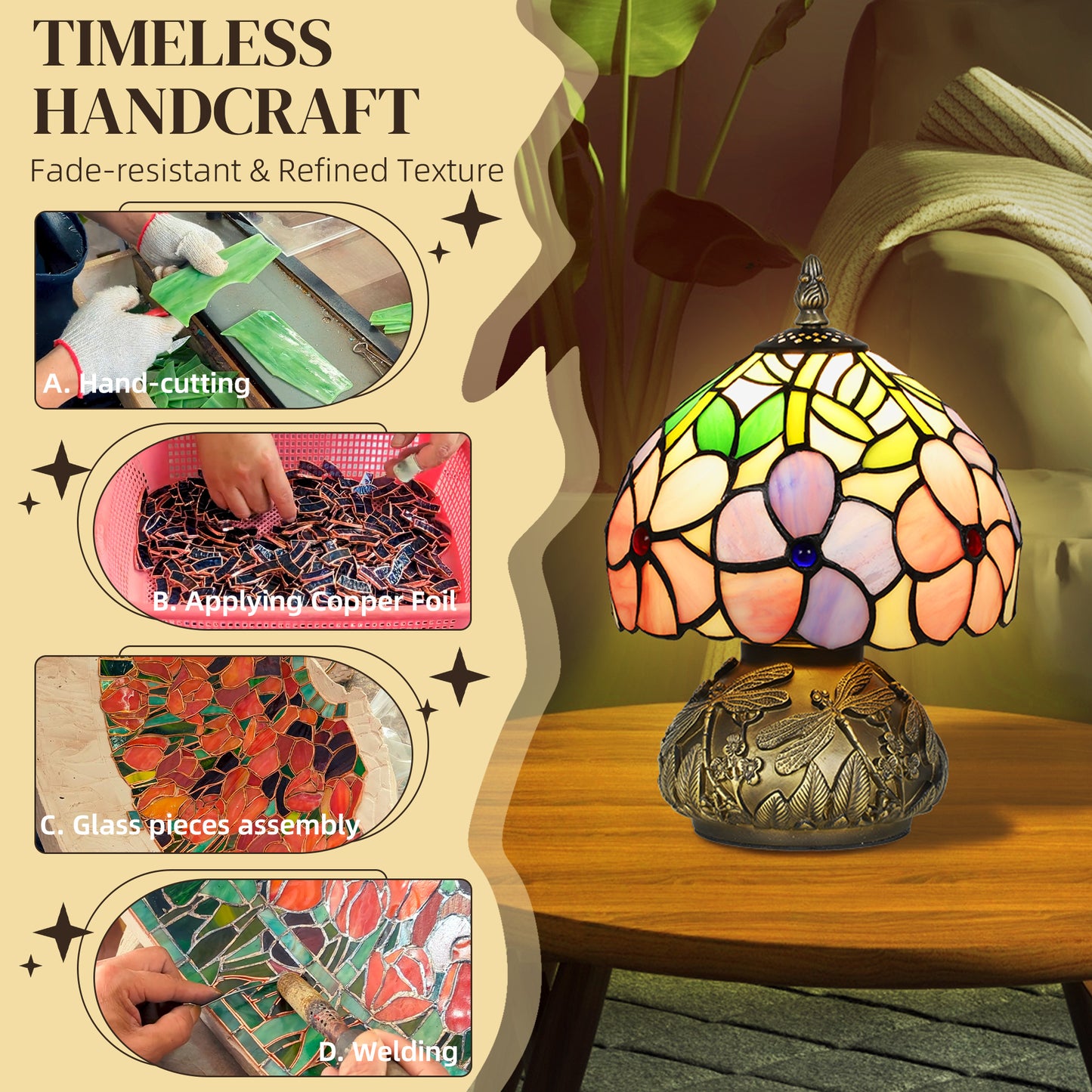 Fasa Glass And Metal Pink Tiffany Dragonfly Table Lamp With Brass Base