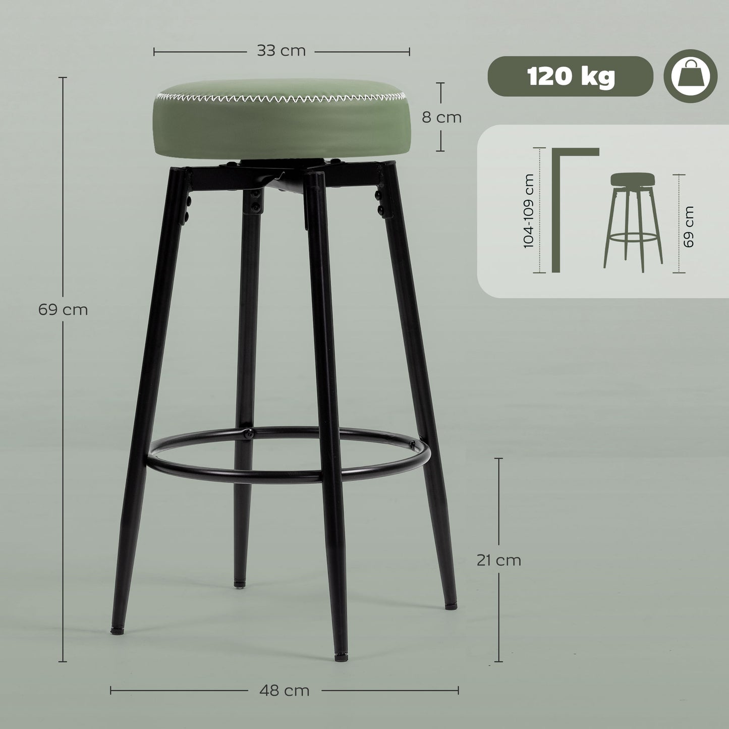 Rivali Faux Leather Green And Black Bar Stools Set Of 2 With Footrests