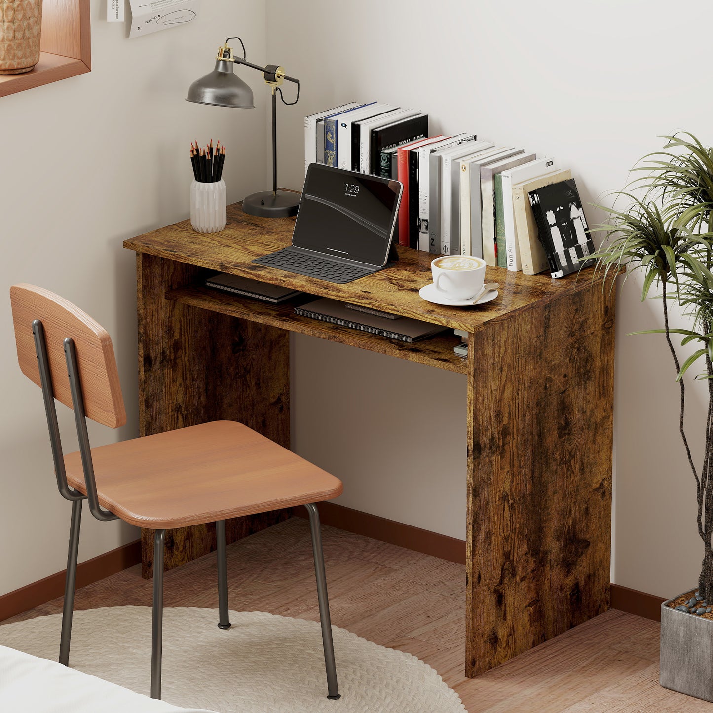Nonoel 90cm Wooden Wood Effect Box Style Work Desk With Shelving