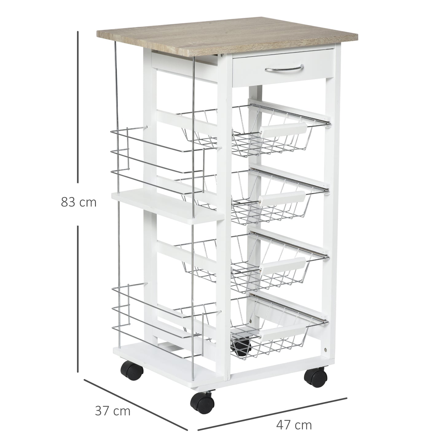 Norili Metal Natural And White Rolling Kitchen Cart With 4 Basket Drawers And Side Racks