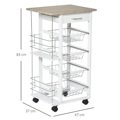 Norili Metal Natural And White Rolling Kitchen Cart With 4 Basket Drawers And Side Racks