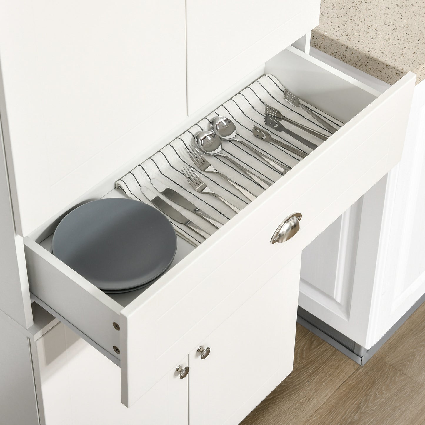 Soco Wooden White Tall Freestanding Kitchen Pantry Cabinet Adjustable Shelves And Drawers 184 cm