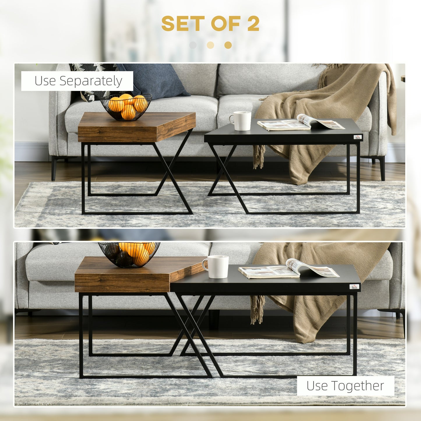 Nimolo Metal And Wood Rustic Brown Set Of 2 Industrial Nesting Coffee Tables With Thick Tops