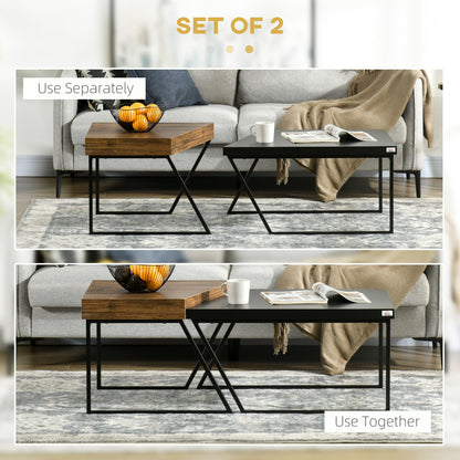 Nimolo Metal And Wood Rustic Brown Set Of 2 Industrial Nesting Coffee Tables With Thick Tops