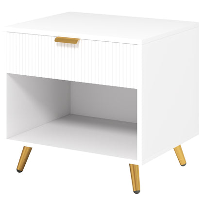 Sedora Vela White And Gold Tone Elegant Bedside Table With Ribbed Drawer And Shelf