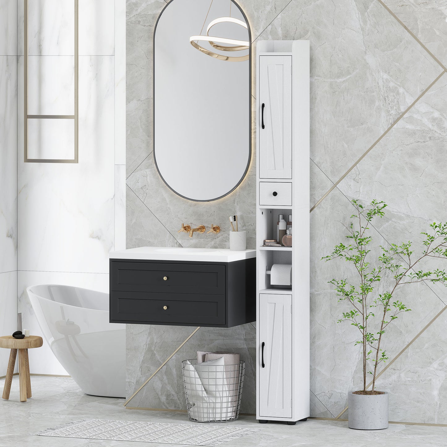 Minore Farmhouse Style Slim Bathroom Storage Cabinet With Barn Doors And Toilet Roll Holder White