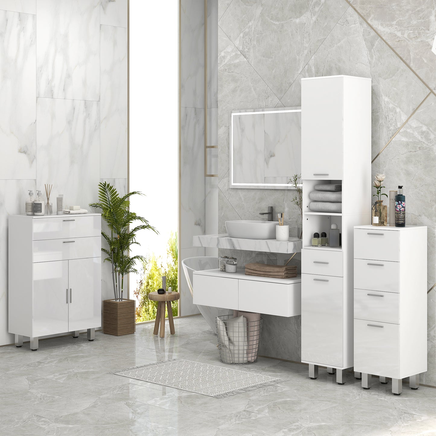 Secoli Tall Slim High Gloss White Storage Cabinet With Drawers Shelves And Double Doors