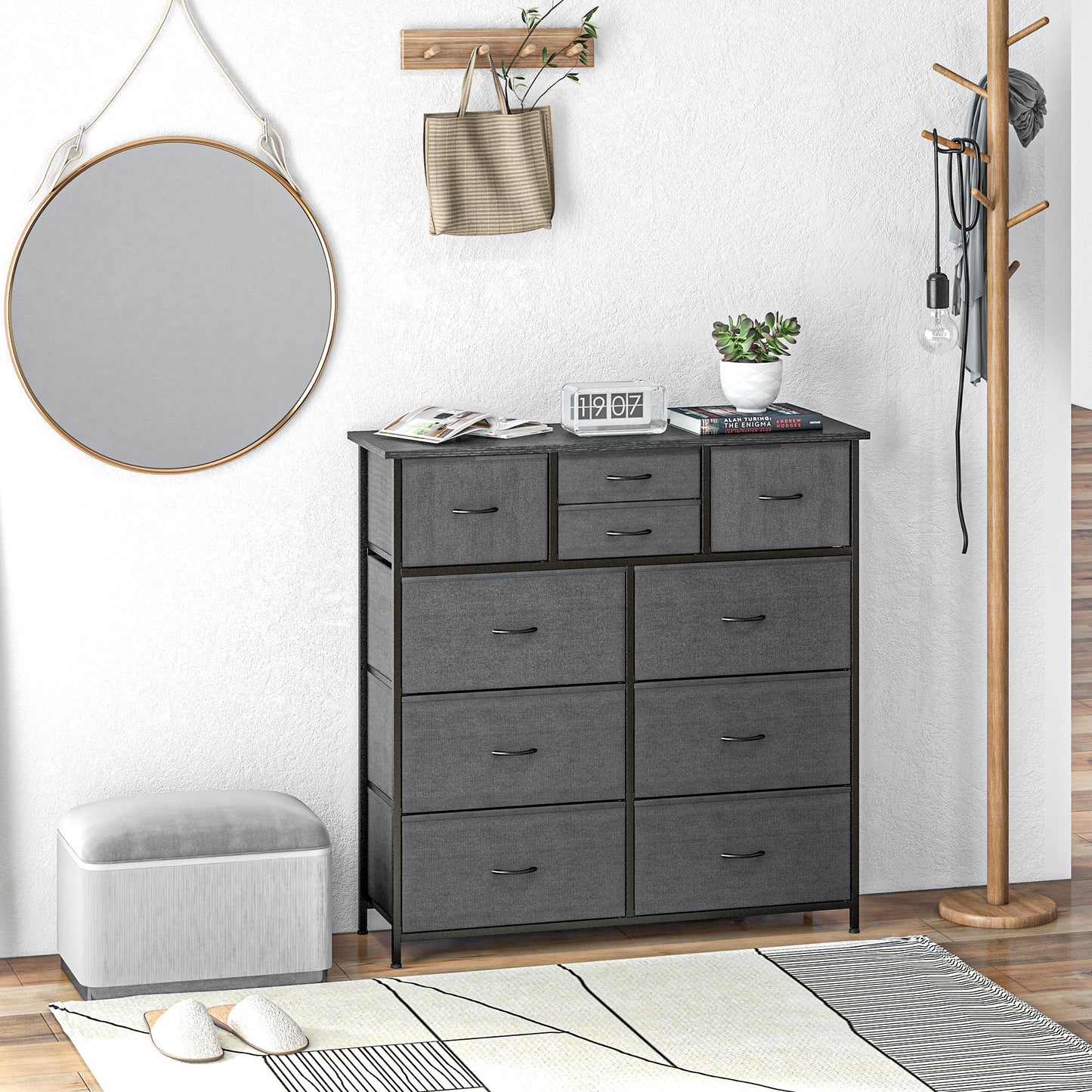 Salina Metal And Fabric Black 10 Drawer Storage Dresser With Foldable Drawers And Steel Frame