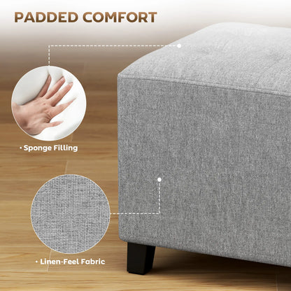 Linen Light Grey Compact Square Footstool With Side Pocket And Black Wooden Legs