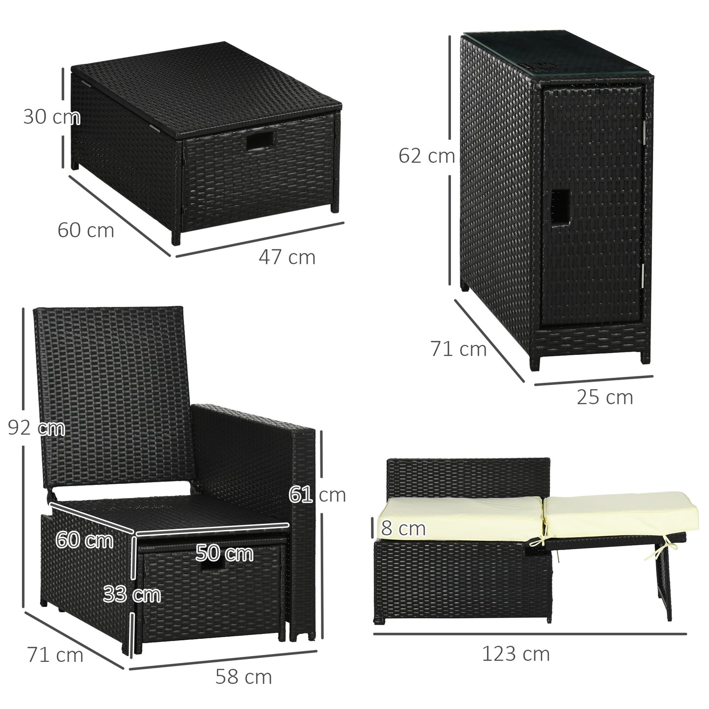 Niludo Faux Rattan Black and Cream 5 Piece Adjustable Sun Lounger Set With Storage Table And Footstools